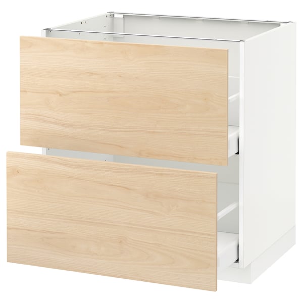 A white and light ash-colored kitchen cabinet with two drawers. It a modern design and is part of the METOD kitchen system.