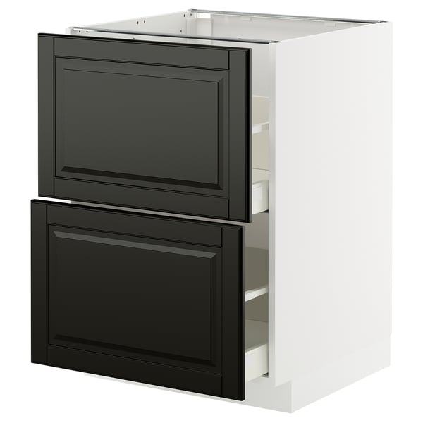 Modern kitchen cabinet, white & black, drawers open.