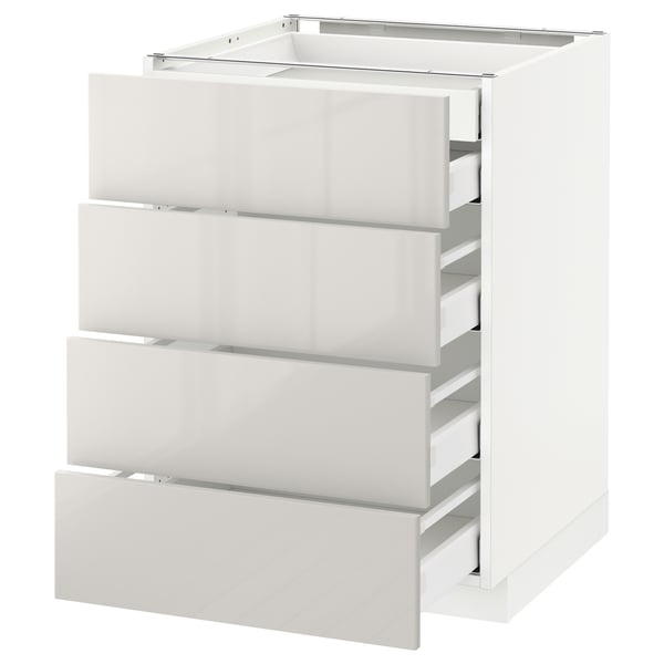 White modern kitchen unit, four level drawers, sleek design, glossy finish.