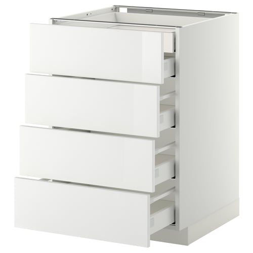 Modern white kitchen cabinet with four drawers, glossy finish, metal handles, and clean lines.