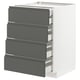 A modern kitchen cabinet unit, white with four grey drawers, featuring a sleek design and integrated handles.