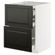 Modern black-finished kitchen cabinet with multiple drawers and shelves.