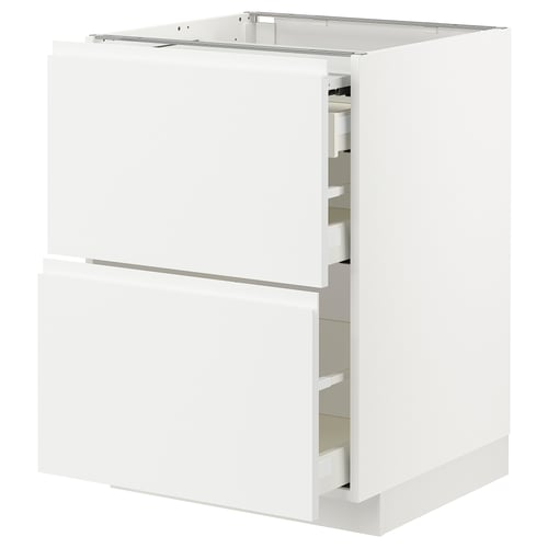 A modern white kitchen cabinet with two drawers and a pull-out shelf, featuring clean lines and integrated handles.
