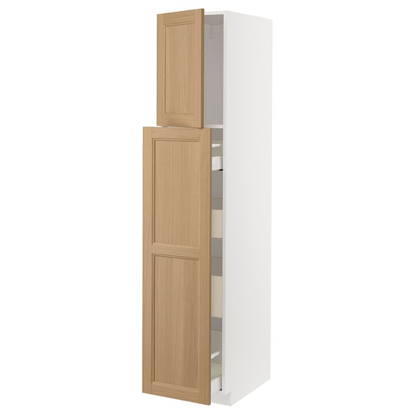 Cabinet door open, showing shelves inside.
