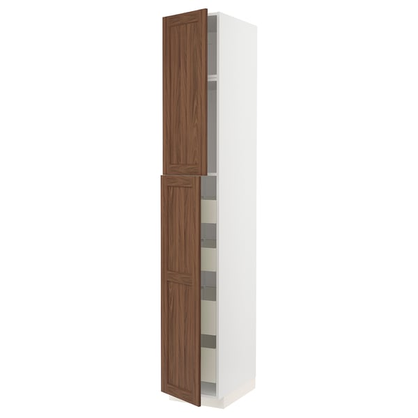 Tall white cabinet with wooden doors, multiple shelves, classic design.