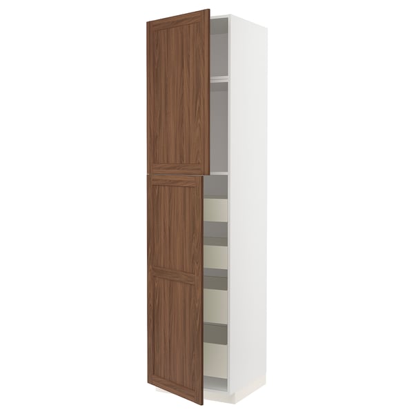 Tall white cabinet with walnut doors, featuring multiple shelves and a modern design.