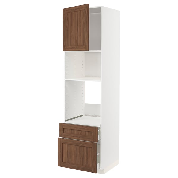 White METOD kitchen unit with walnut drawer and door.