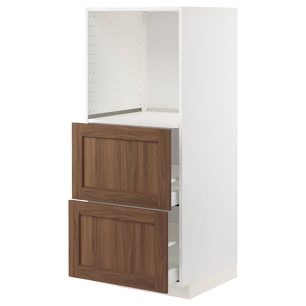 Wall-mounted kitchen cabinet in white with wooden drawers. Tall, rectangular, two drawers, sleek design.