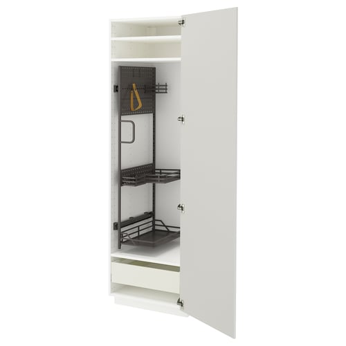 An open white METOD kitchen cabinet with grey high gloss doors, containing adjustable shelves and a smooth-running drawer.