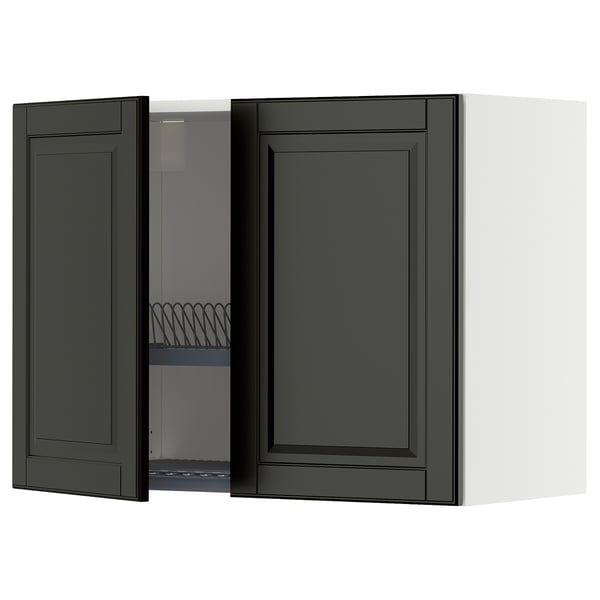METOD kitchen cabinet, black with bevelled edges, open showing interior shelves. 25-year guarantee. Square, modern design.