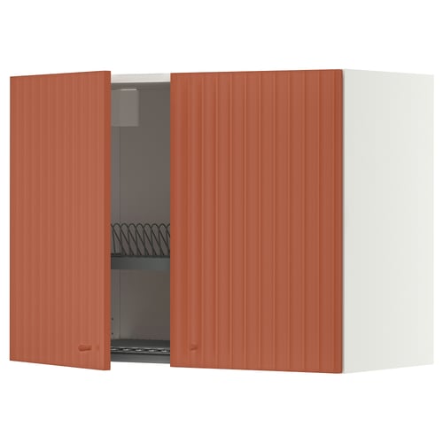 METOD Wall cabinet w dish drainer/2 doors, white/Terrsjö red-brown wave pattern, 80x60 cm