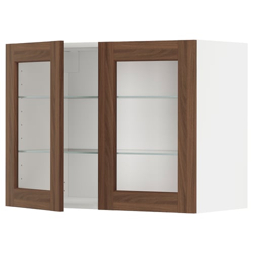 METOD kitchen wall unit, white & walnut, glass shelves, open doors.