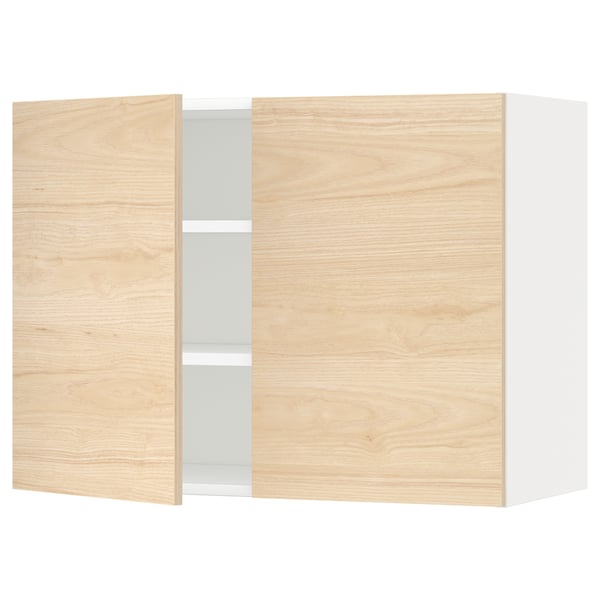 Modern light wood METOD wall cabinet with 2 doors and glass middle panel.