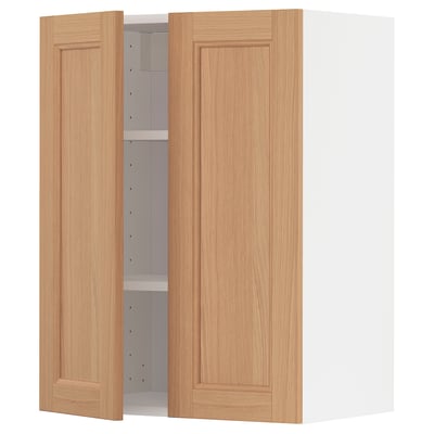 Open wooden kitchen cabinet, light oak, two doors, rectangular shape, modern style, single shelf inside.