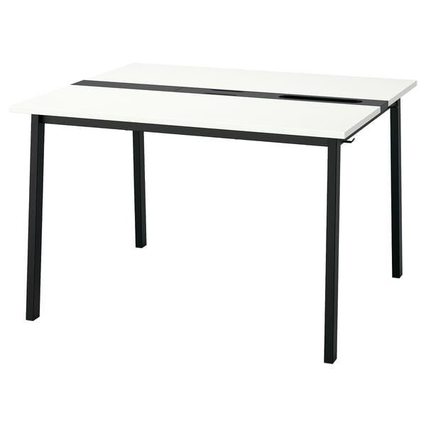 A white MITTZON conference table with black metal legs, featuring a modern and minimalist design ideal for offices.