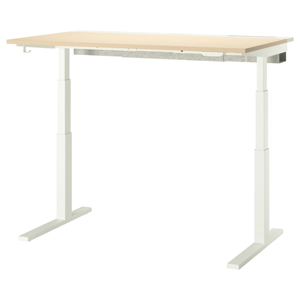 MITTZON sit-stand desk. Light wood top, white legs. Electric height adjustment. Slot for cables.