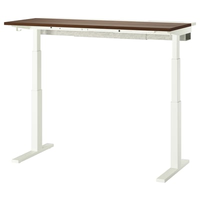 MITTZON sit/stand desk: white legs, brown top, rectangular shape, minimalist design.