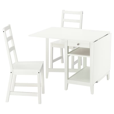 White NÄSINGE drop-leaf table with 2 chairs, foldable sides, storage, and ladder-back design.