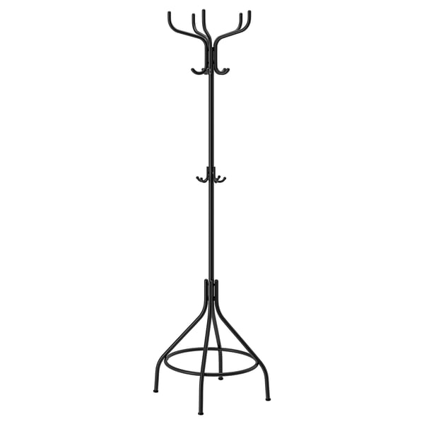 NIPÅSEN coat rack, black, metal, classic design, 6 hooks, 3-tiered base.