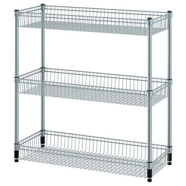An OLAUS 3-tier metal storage rack, silver, with multiple shelves for storage.