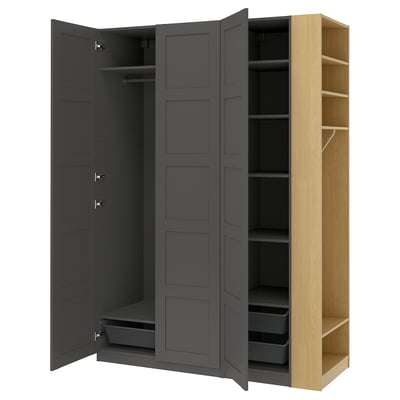 PAX / BERGSBO Wardrobe combination, dark grey dark grey/oak effect, 170x60x236 cm