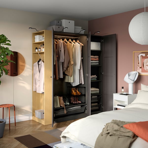 PAX / BERGSBO Wardrobe combination, dark grey dark grey/oak effect, 170x60x201 cm
