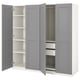Grey PAX wardrobe, open doors showing shelves and drawers, modern design.