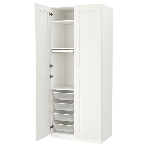 White PAX wardrobe with mesh baskets, shelves, and drawer.