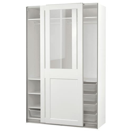 PAX wardrobe: white, sliding doors with glass, mesh drawers, adjustable feet.