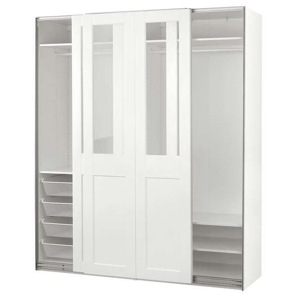 A white PAX wardrobe with glass doors, displaying shelves and drawers inside.