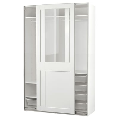 This image displays a white PAX wardrobe with sliding glass doors and mesh drawers. It an organised, minimalist design.