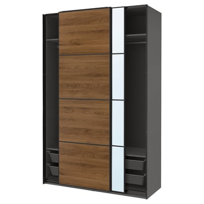 PAX / MEHAMN/AULI Wardrobe with sliding doors, dark grey black/walnut mirror glass, 150x66x236 cm