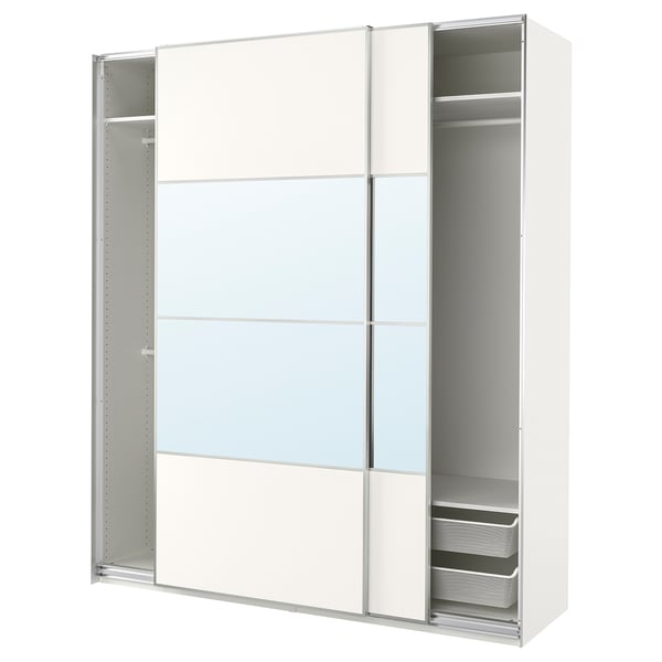 A white PAX wardrobe with mirrored sliding doors, featuring mesh baskets and storage shelves.
