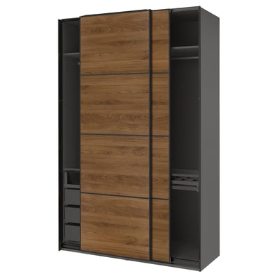PAX / MEHAMN Wardrobe with sliding doors, dark grey black/double sided walnut, 150x66x236 cm