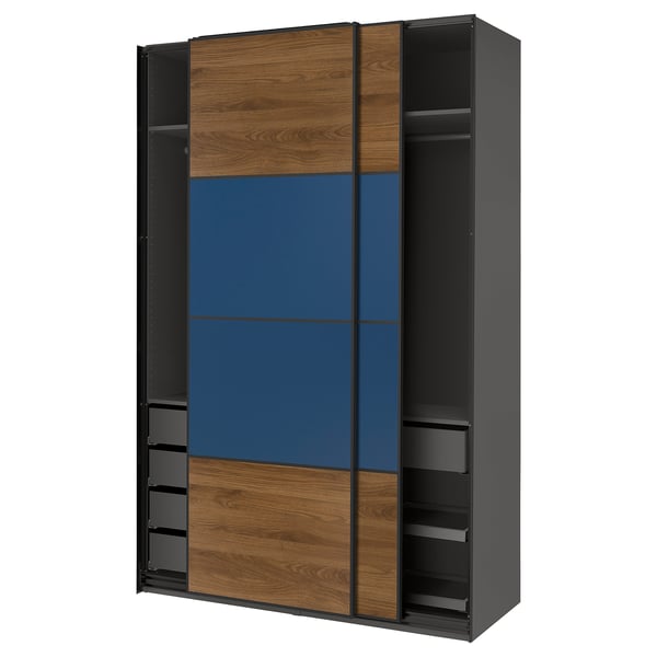 PAX / MEHAMN Wardrobe with sliding doors, dark grey black/walnut blue, 150x66x236 cm