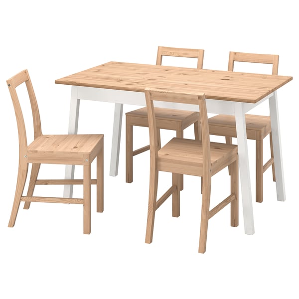 PINNTORP table set, light wood, rectangular, four matching chairs with slatted backs and seats.