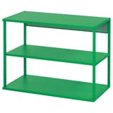 Bright green, metal PLATSA shelf with 3 flat shelves, modern design.
