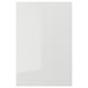 White glossy kitchen cabinet door, straight lines, durable plastic, sparkling finish.