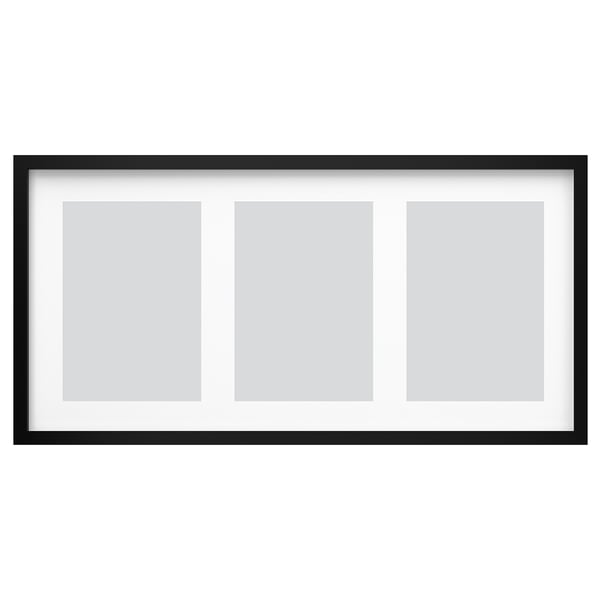 Black rectangular RÖDALM picture frame, sleek design, holds 3 images, plastic front guard.