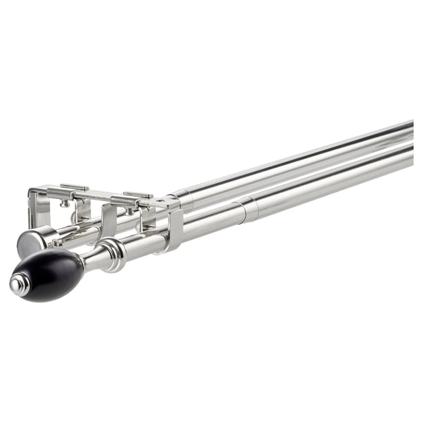Double curtain rod set, silver with black ends, steel and plastic parts. Modern, minimalist design.