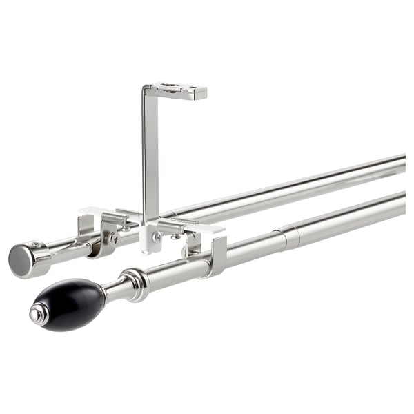 Silver double curtain rod set with black finial, steel and plastic components. Mounts to wall or ceiling.