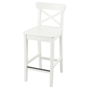 A white wooden bar stool named ROSENTORP. It has a square seat, cross-back design, and sturdy legs with a footrest.
