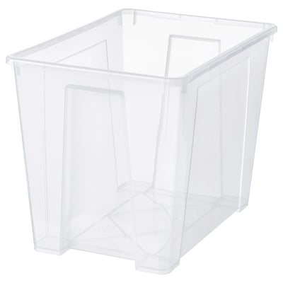 A clear plastic SAMLA storage box for organising and storing items.