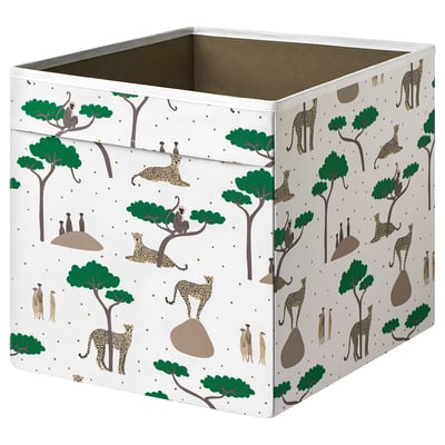 Safari-themed white fabric box with green trees, cheetahs, and giraffes, perfect for kallax shelving.