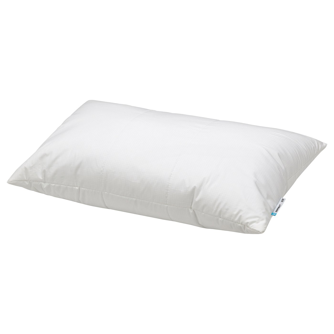 A white SENAPSMOTT pillow with synthetic filling. Its rectangular, offering support for side or back sleepers.