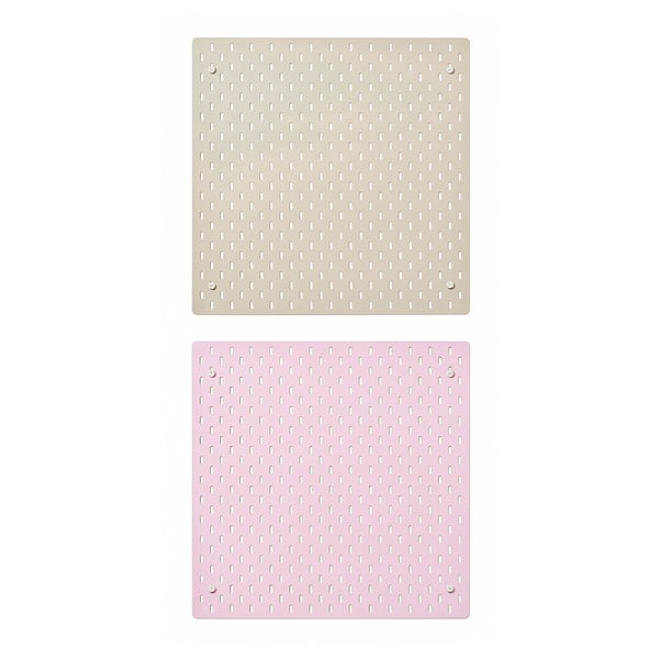 Two square pegboards shown, one light beige, one pastel pink, with evenly spaced holes around the edges.