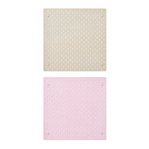 Two square pegboards shown, one light beige, one pastel pink, with evenly spaced holes around the edges.
