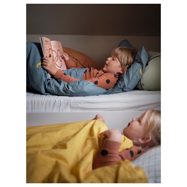 Two children sleeping in bunk beds, upper bed with blue blanket, lower bed with yellow blanket, child in upper bed holding a book.