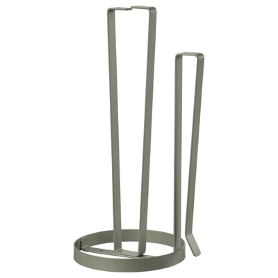 A green SMÅTUNGA paper towel holder made of steel with a modern design. It can be wall-mounted or used on surfaces.
