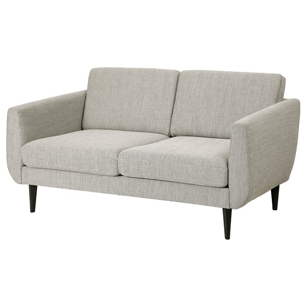 SMEDSTORP sofa: grey, fabric, mid-century style, two cushions, cone legs.